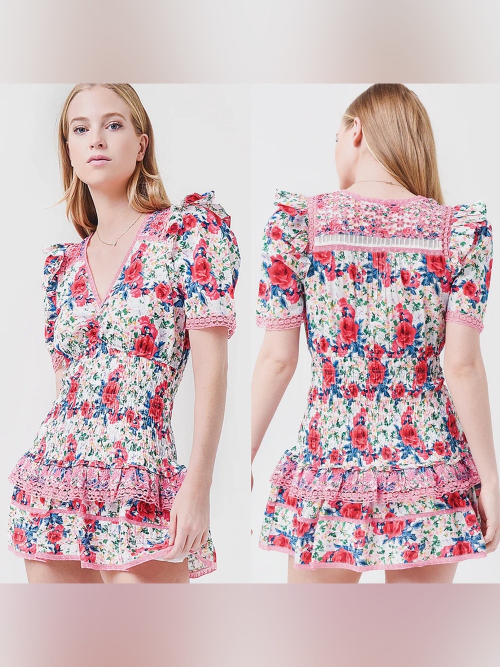 Loveshackfancy Rena Smocked Ruffle Floral Mini Dress size Adult Medium